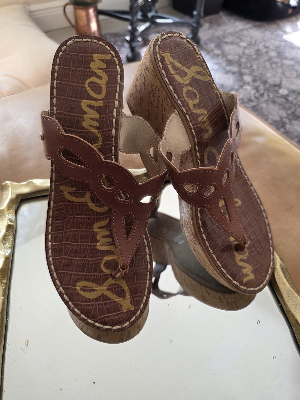 Sam Edelman Brown Cutout Leather Wedge Sandals